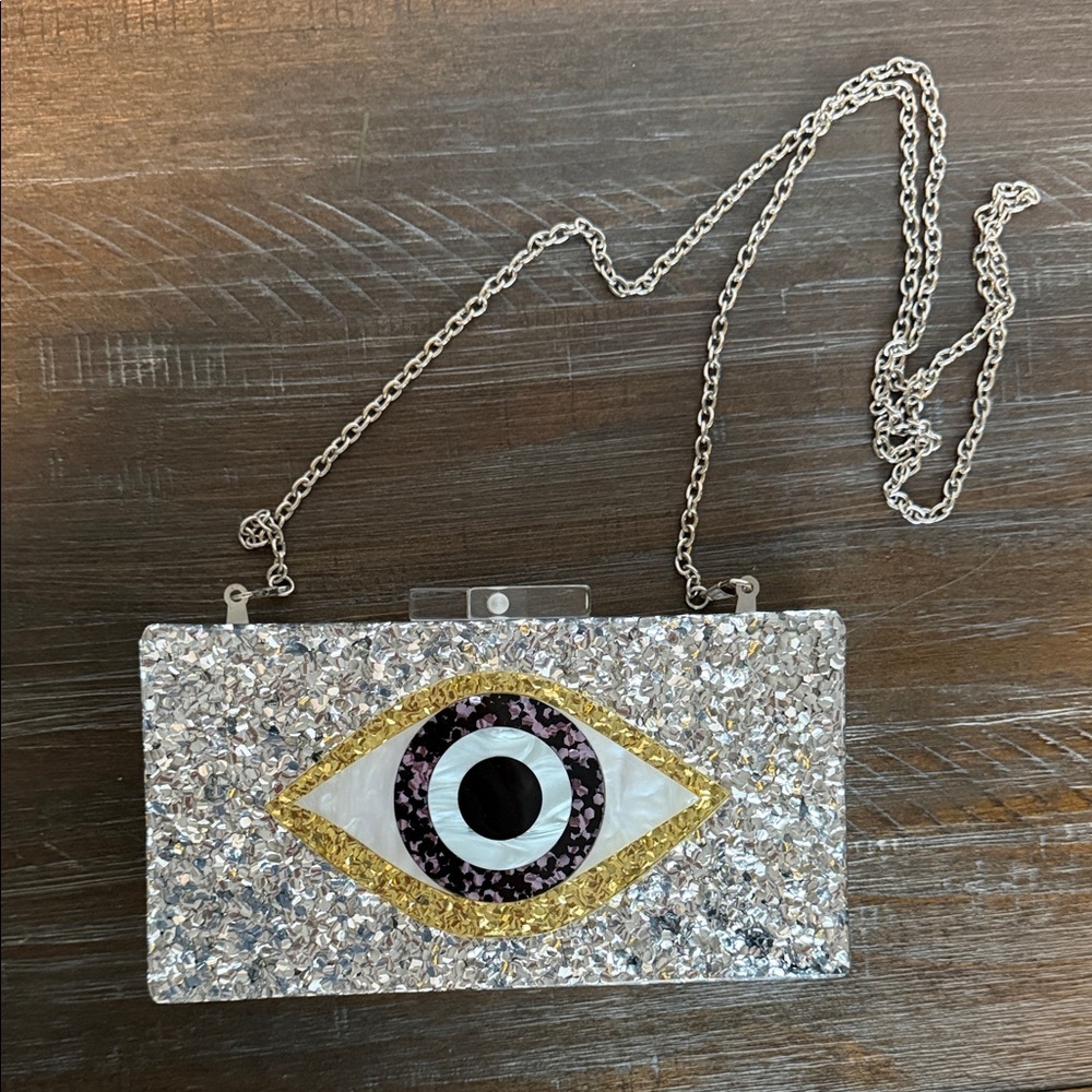 Evil Eye Acrylic Clutch Silver Eye Design Clutch Chain Shoulder Bag Glitter EUC - Picture 2 of 8